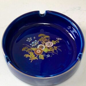 Asian Inspired Blue Floral Ceramic Ashtray with Gold Accents